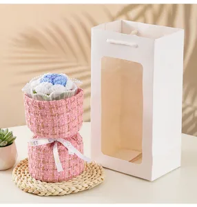 Handmade knitted rose flower bouquet in pink tweed style gift box with paper bag for women.