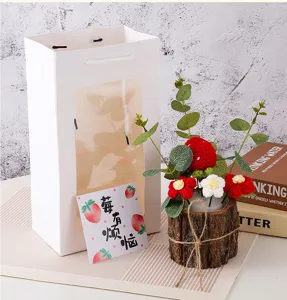 Handgemaakte gehaakte bloem potplant cadeauset met een schattige wenskaart en witte tas.