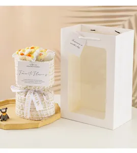 Ramo de flores artificiales de tweed hecho a mano con bolsa de regalo, ideal para celebraciones.