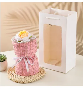 Handmade knitted rose bouquet with gift bag elegant pink tweed wrap romantic gift for women