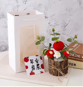 Handgemaakte gehaakte bloemen potplant cadeau set met geschenkzak voor verjaardag decoratie.