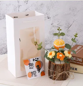 Handgemaakte gehaakte potbloem cadeau gebreide oranje plant tafeldecoratie