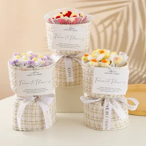 Ramo de Flores Tejidas a Mano Ganchillo Flores Artificiales Hinchadas Envoltorio de Tweed Regalo