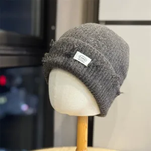Grey knit beanie winter slouchy warm hat women casual fashion wool cap stylish headwear