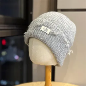 Grey knitted beanie hat for women, Japanese style warm slouchy wool cap for winter wear.