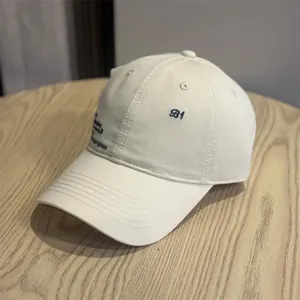 Detailed view of off-white baseball cap with letter embroidery and retro streetwear design.