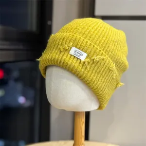 Women yellow knit beanie hat winter slouchy warm distressed wool cap casual headwear