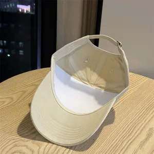 Vista detallada de una gorra de béisbol beige minimalista con correa ajustable.