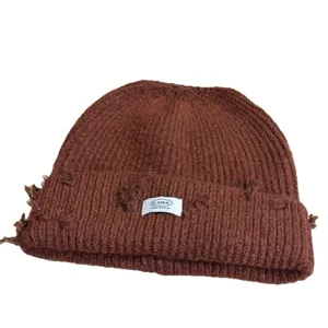 Women brown knitted beanie hat winter warm slouchy wool cap retro distressed streetwear