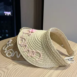 Geflochtener Stroh Sonnenschutzhut Damen faltbar Sommer leere Oberseite Strandhut Blumen.