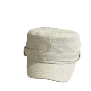 Vintage Leinen Flach-Top Kadettenkappe für Damen, lässige Herbst Militärmütze mit Riemen.