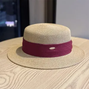 Women straw boater hat summer sun protection flat top hat vintage elegant beach hat