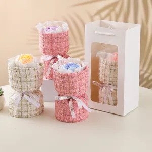 Handmade knitted flower bouquet gift in tweed style with bag, perfect for girlfriend mother.