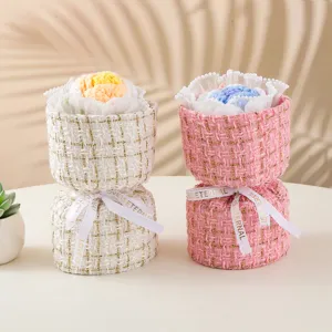 Handmade crochet rose flower bouquet with tweed fabric wrapper romantic gift for women