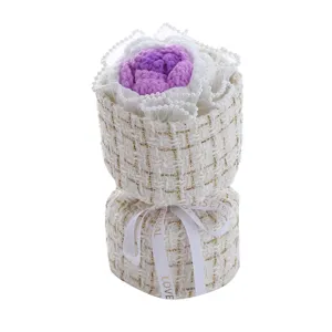 Handcrafted crochet knitted rose flower bouquet with pearl lace tweed wrapping for gift