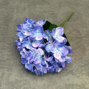 Detailed view of 5-head artificial blue hydrangea flower bunch, perfect for wedding and event decoration.