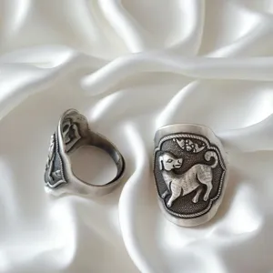 Gedetailleerde close-up van de vintage sterling zilveren dierenriemring met prachtige gravure.