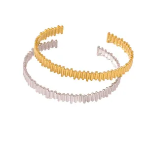 Minimalist geometric open cuff bracelet, chic metal ribbed design for fashion women.