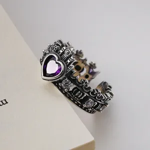 Vintage Crown Heart Rhinestone Ring And Bracelet Adjustable Open Metal Fashion Jewelry Gift For Women