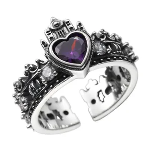 Vintage Castle Crown Heart Purple Zirconia Ring Elegant Open Finger Jewelry Detail Shot