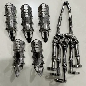 Gothic cyberpunk mechanical finger armor rings and skeleton hand bracelet set for women.