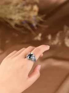 Vintage silver ring with black zircon stone eagle claw design punk rock statement open ring