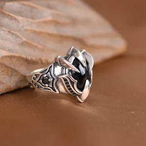 Vintage eagle claw black zircon open ring for men and women, stylish gothic retro finger jewelry.