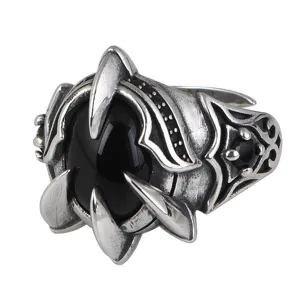 Vintage gothic eagle claw black stone open ring for men and women fashion jewelry accessory