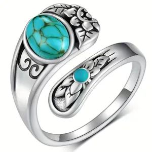Vintage silver turquoise open ring detail, retro flower leaf design for women fashion jewelry.