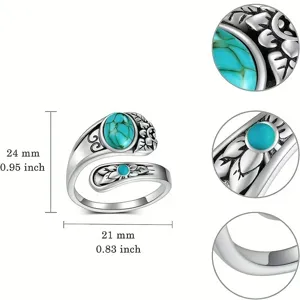 Vintage sterling silver turquoise adjustable open ring with floral details, 24x21mm.