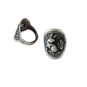 Handgemaakte sterling zilveren konijn ring retro dierenriem verstelbare open ring