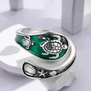 Vintage Bohemian Zinc Alloy Turtle Open Ring Blue Green Drip Oil Ocean Animal Fashion Jewelry Finger Ring Gift