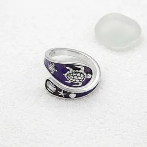 Silver turtle ring with purple enamel, ocean style open ring for women fashion daily wear