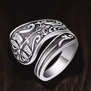 Vintage silver open ring with intricate dragonfly and floral carved pattern for womens.
