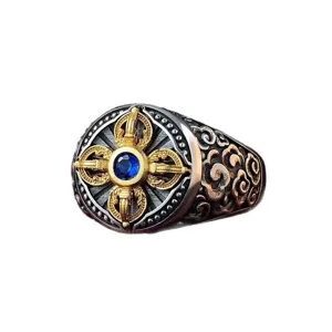 Vintage Tibetischer Kreuz Vajra Ring Herren Breiter Blauer Stein Kreativer Offener Ring