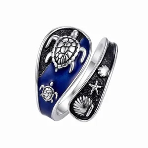 Bohemian retro silver open ring with blue enamel sea turtle and shell motifs for women.