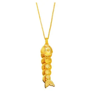 Exquisite gold coin fish pendant necklace, traditional lucky Chinese design, detailed craft.