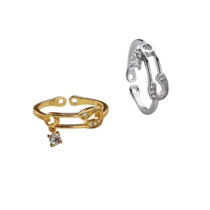 Minimalist safety pin open ring with sparkling zirconia, available in gold and silver colors.