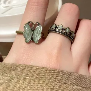 Vintage Schmetterling und Blumen Ring Set, retro verstellbare offene Ringe für Damen.