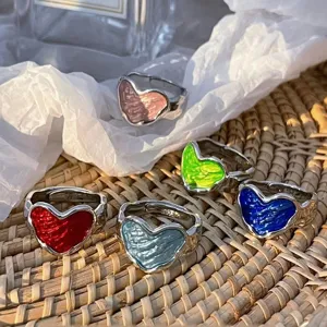 Colorful drip glue heart rings, irregular textured 925 silver fashion jewelry set.