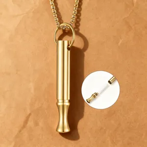 Gold stainless steel anxiety breathing whistle necklace mindfulness pendant with chain detail.