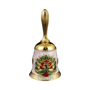 Cloche à main en métal vintage avec motif de paon en émail rétro cloche de service