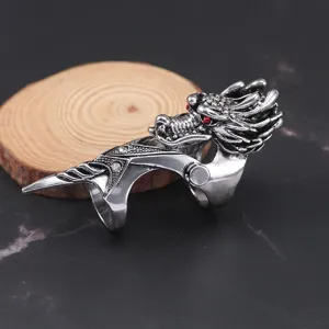 Retro punk draak gewrichtsring met rode strass steentjes, vintage dubbele vinger harnas ring.