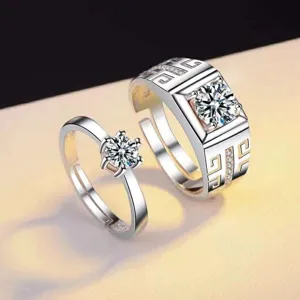 Korean style couple rings set silver cubic zirconia adjustable open rings for lovers