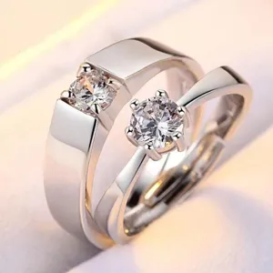 Korean couple rings set minimalist elegant cubic zirconia adjustable silver rings