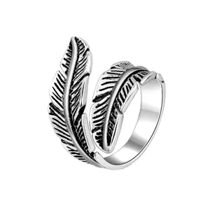 Bague ouverte plume couleur argent rétro pour homme et femme, bague réglable hip-hop.