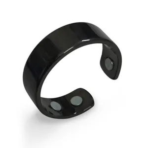 Magnetic health ring with adjustable open design, sleek black finish and embedded stones.