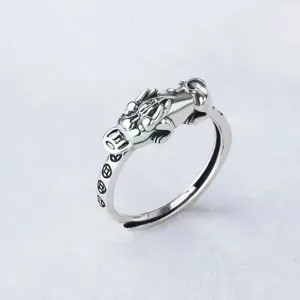 Vintage Thai silver Pixiu open ring for men and women with lucky coin carved band.