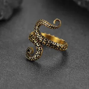 Detailed view of the vintage punk octopus tentacle ring, retro distressed gold finish open design.
