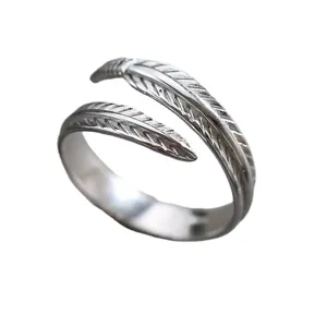 Herren Vintage Feder offener Ring Retro Thai Silber verstellbarer Schmuck Mode chic